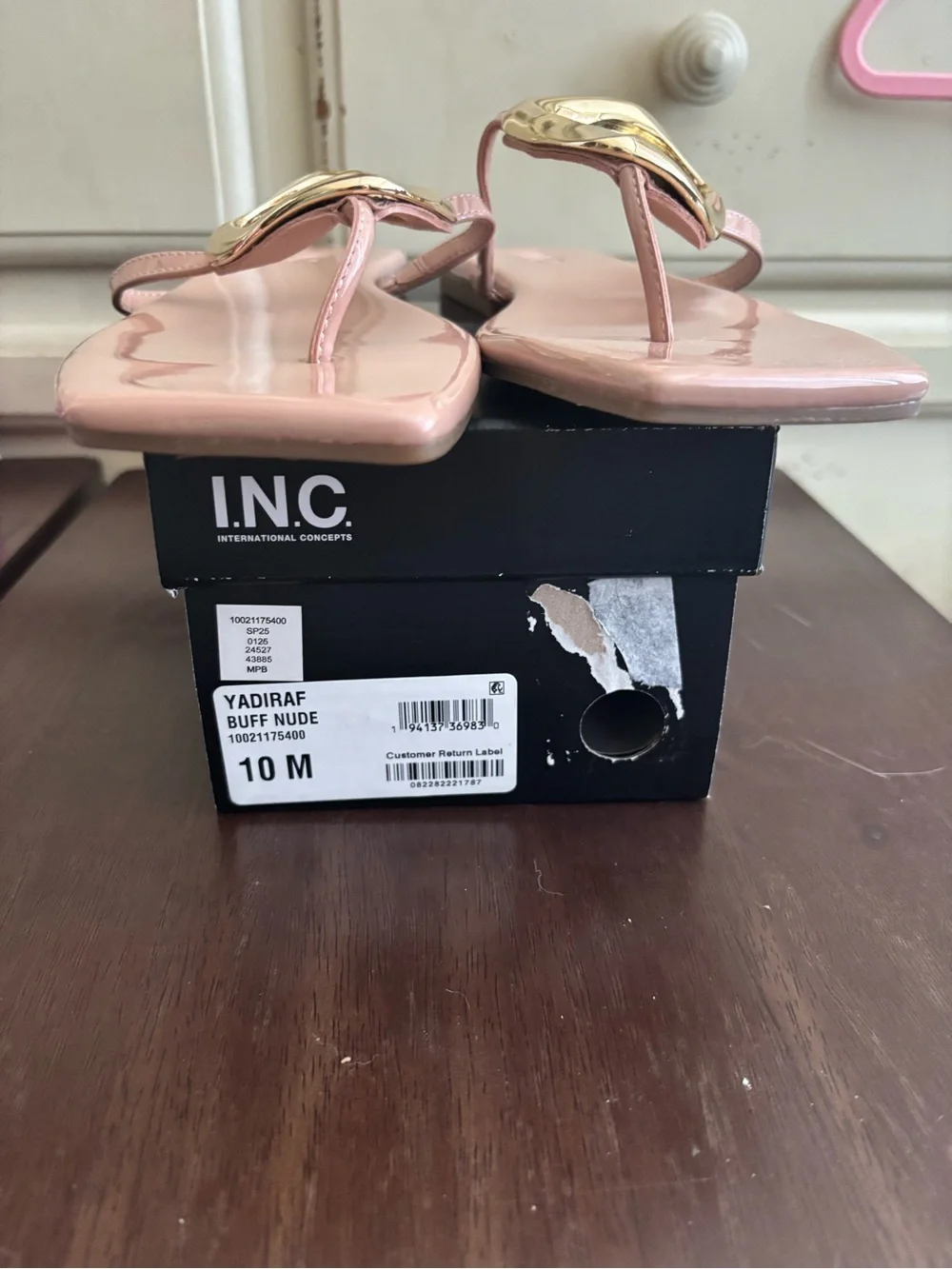 BNIB, I.N.C. Nude Patent Thong Sandals with Gold Accent